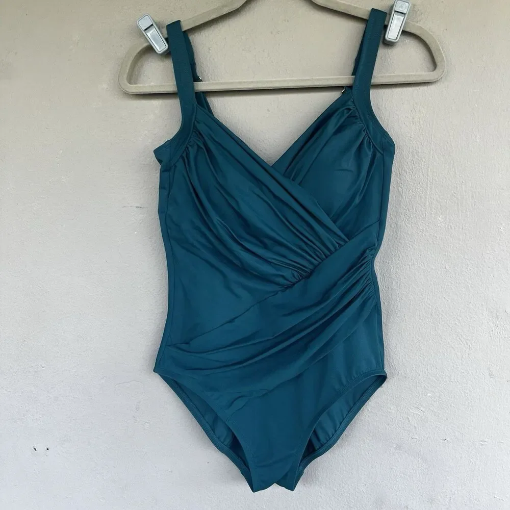 Miraclesuit One Piece Swimsuit 10 Teal Crossover Tummy Control Slimming Beach